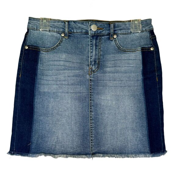 DEX woman's size 27 color block raw hem fringe denim stretch mini skirt - Picture 1 of 8